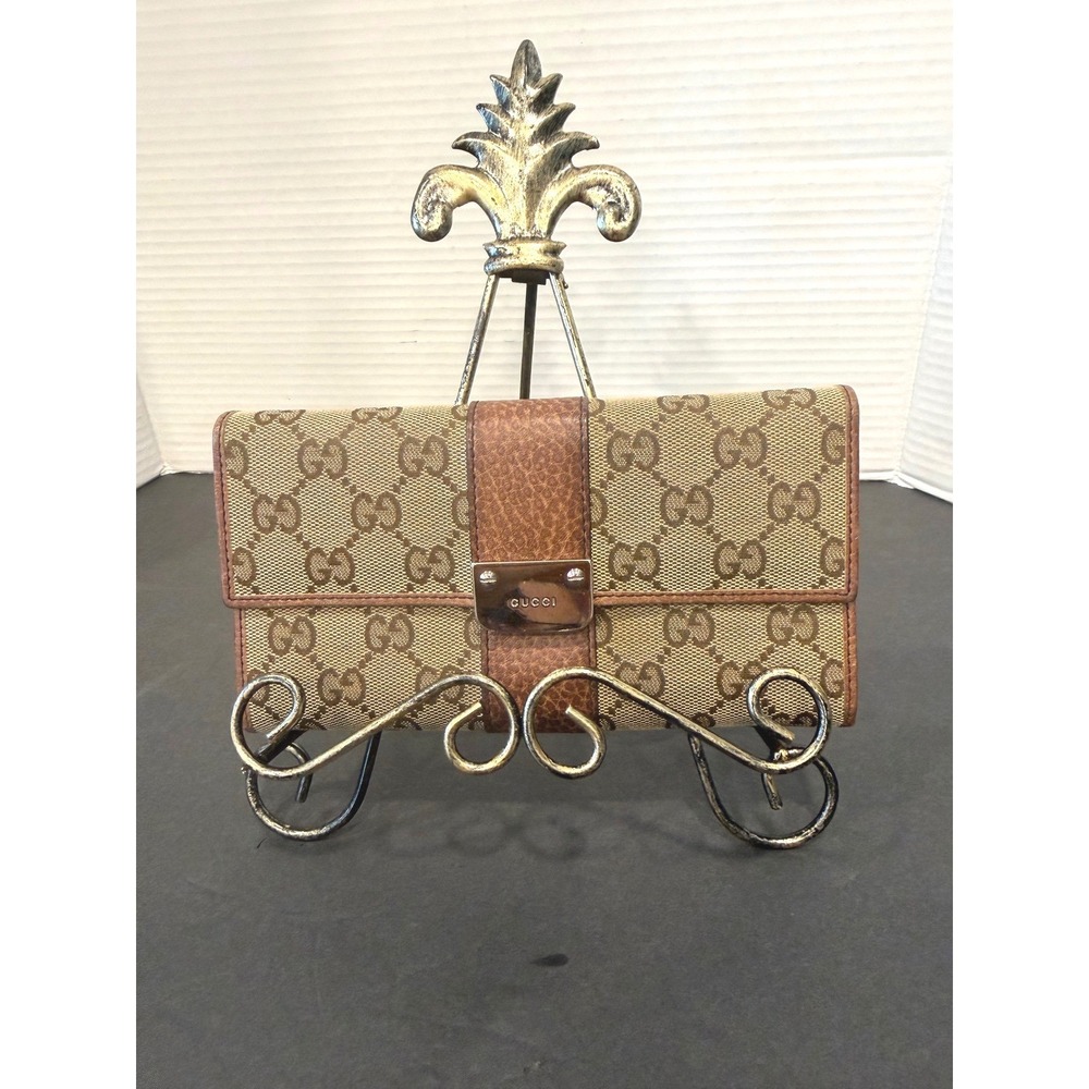 Vintage Gucci GG Monogram‎ Leather Canvas Long Brown Continental Wallet